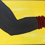 a painting of a dark-skinned woman's arm. She wears a red bracelet on her wrist. The background is yellow.