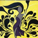 A painting of a brown-skinned woman in a purple dress on a yellow blackground. Black lines swirl around her to emphasize she is dancing. Her black hair is also swings around her head.